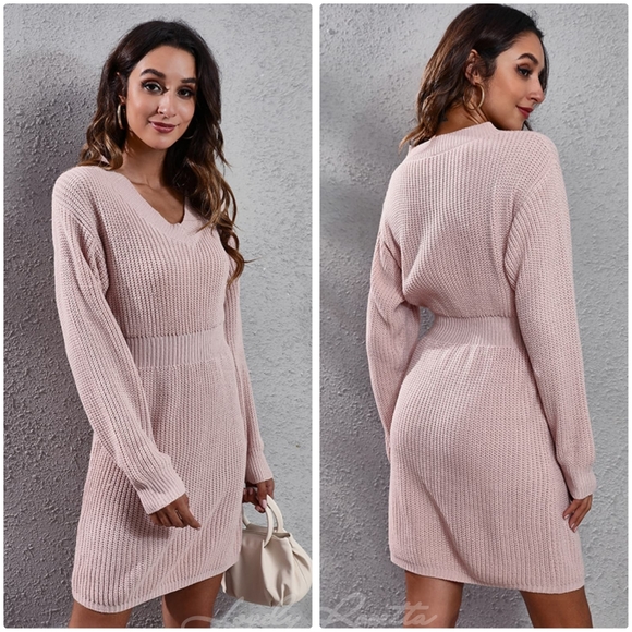 Blue Rib-Knit V-Neck Long Sleeve Sweater Dress - Picture 7 of 9